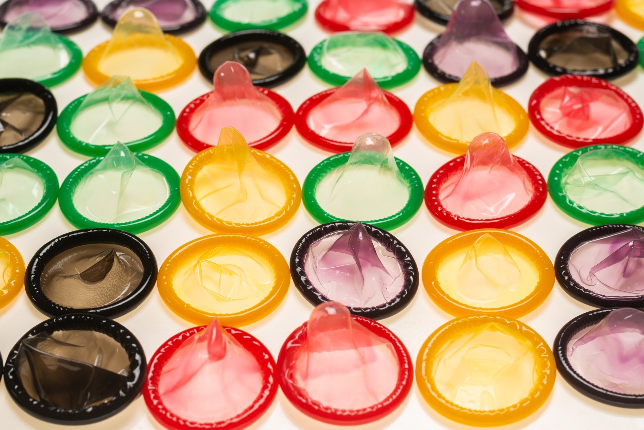 coloured condoms lined up