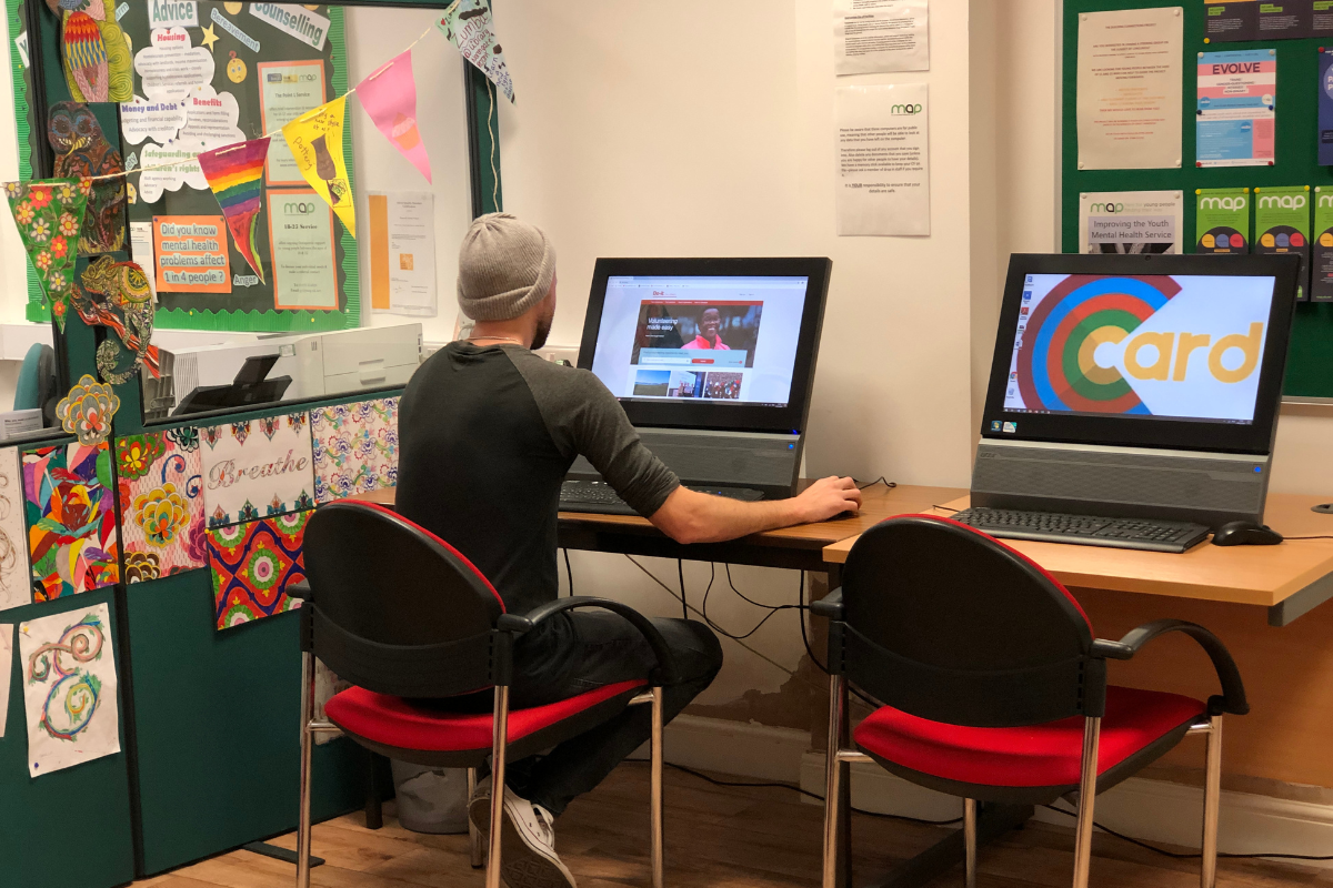 Young person using the computer in the Great Yarmouth drop-in centre