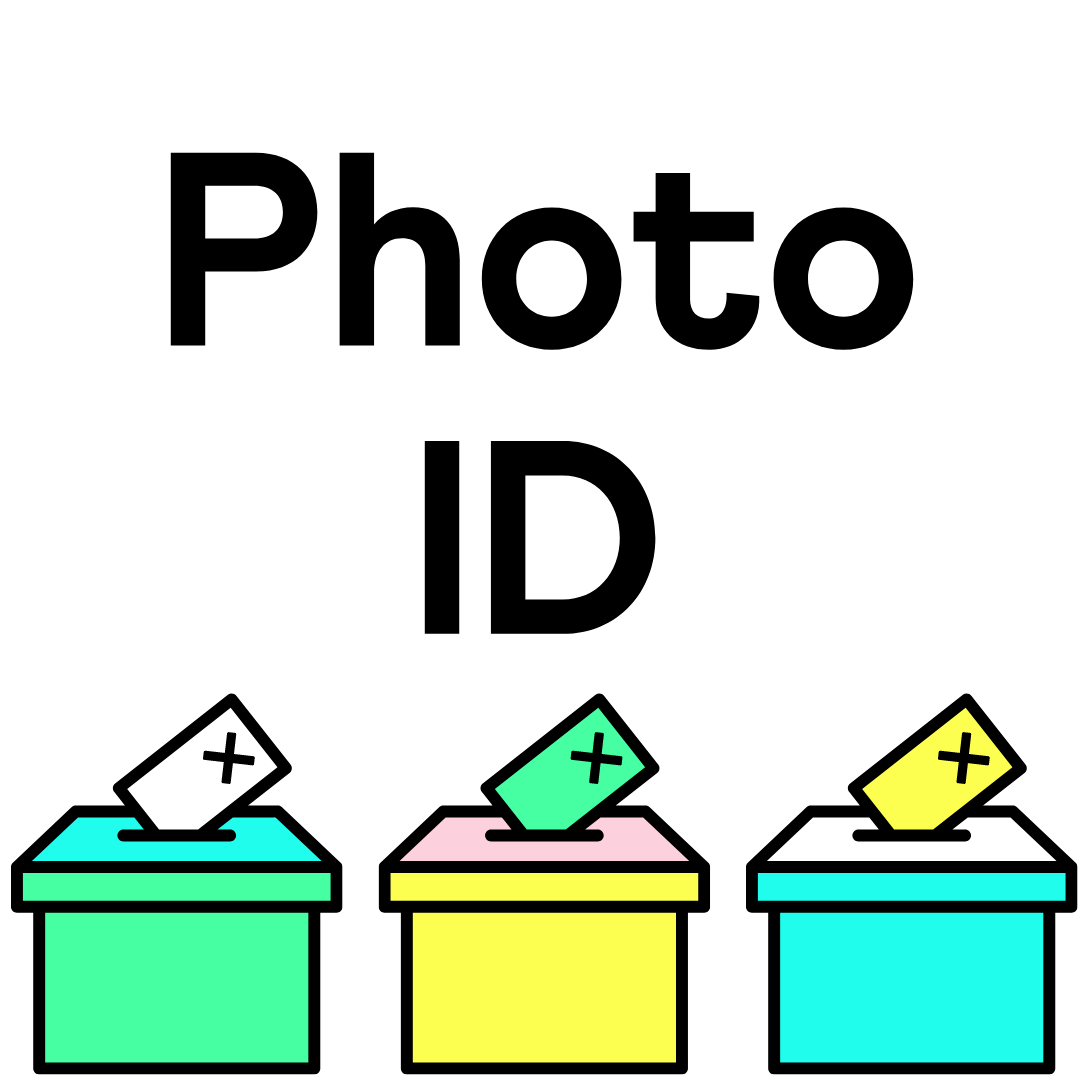 The words ;photo ID' in bold black text above a line of colourful ballot boxes