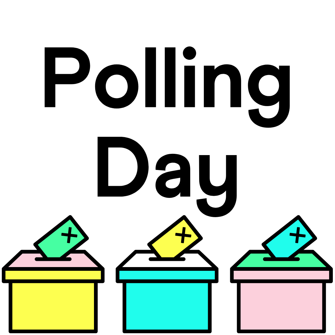 The words 'polling day' in bold black text above a line of colourful ballot boxes