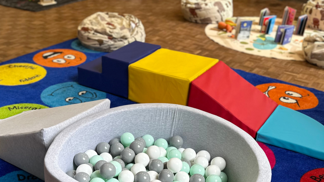 A ball pit, foam shapes and more toys