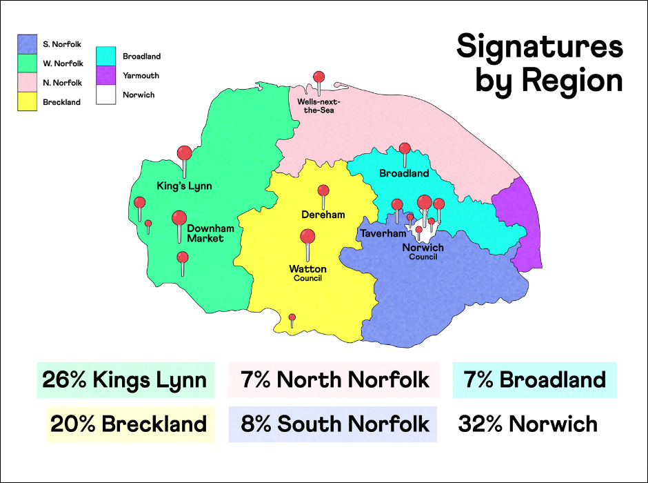 A visual representation of where the pledge has been signed so far across Norfolk using pins in a map