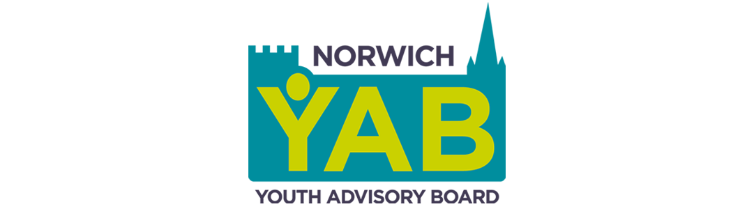 The Norwich YAB Logo, with the text placed over a box shaped lke the Norwich Skyline depicting the cathedral spire and castle parapets.