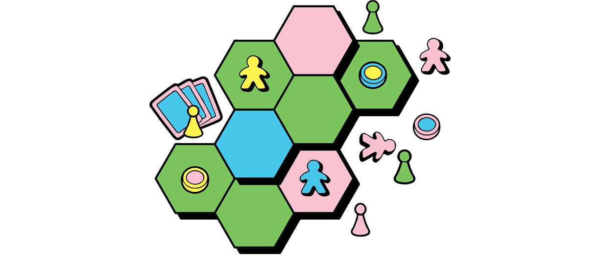 A cartoon of a hexagonal gameboard with playing pieces and cards positioned on top of it