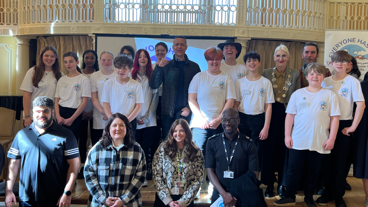 A group photo of young people from the Norwich campaign launch, alongside professionals, MPs, and the mayor