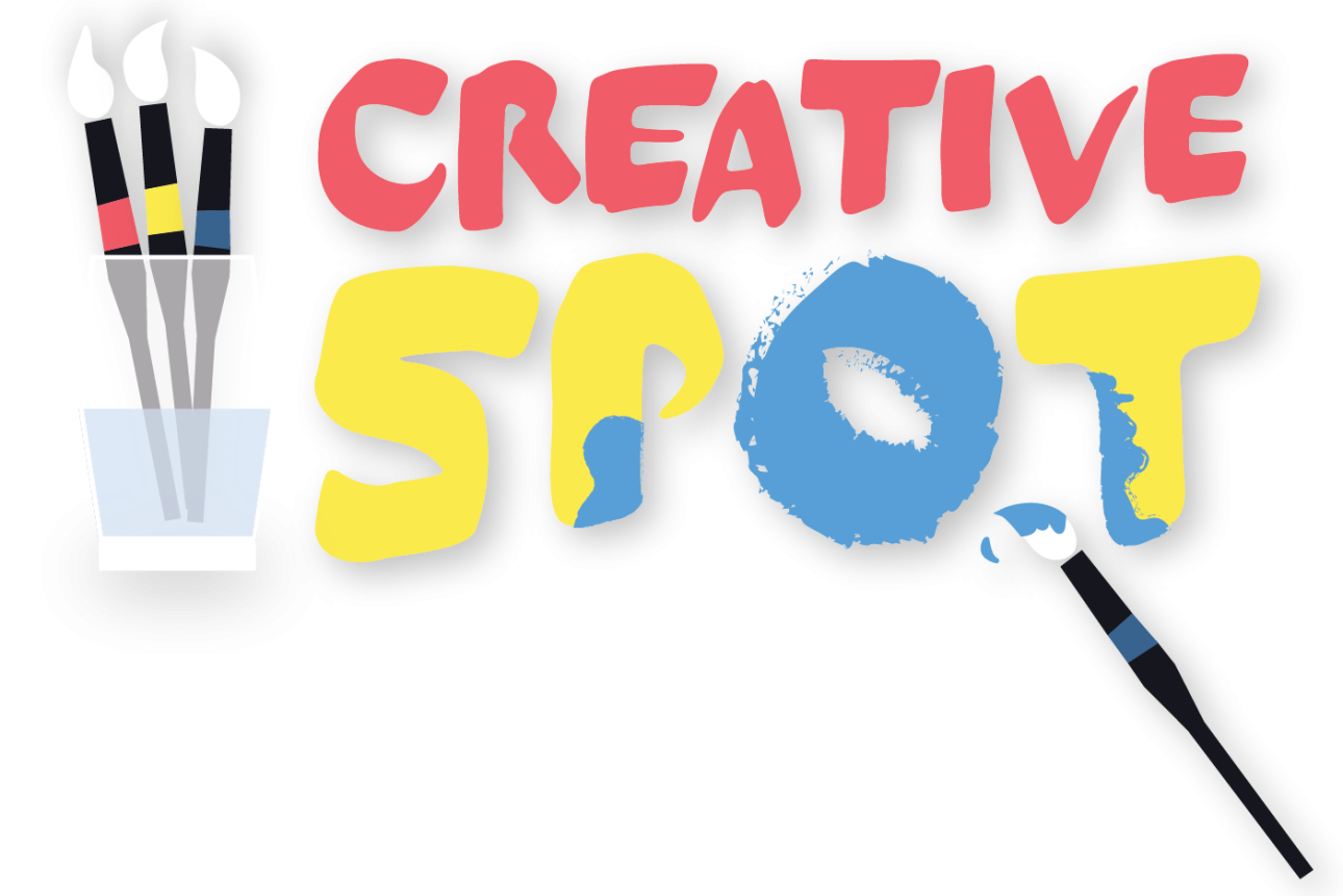 The Creative Spot Logo - a colourful font with paint splatters and a paintbrush daubing some blue pigment on the 'O'