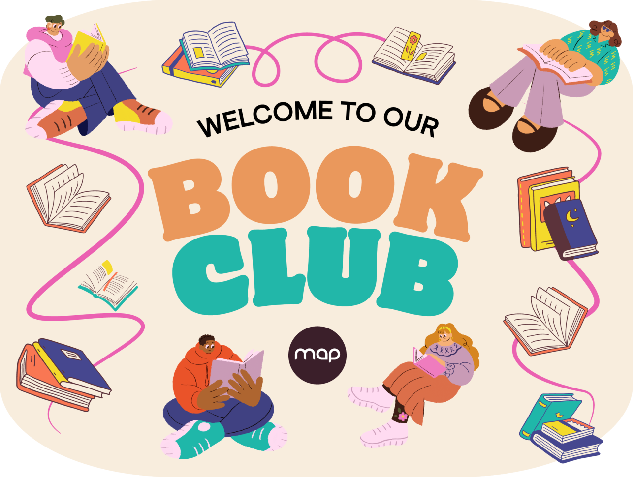 The book club logo - orange and green chunky text and lots of cartoon people sitting around reading