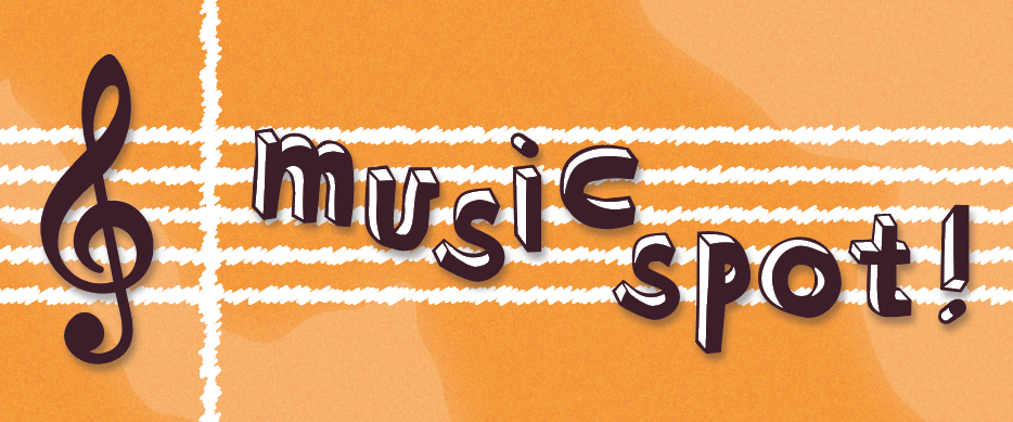 the music spot logo - with blocky text arranged over a musical stave - white on orange.