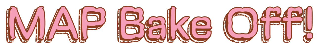 Map Bake Off Title - with the letters stylised to resemble pieces of sponge cake with pink icing