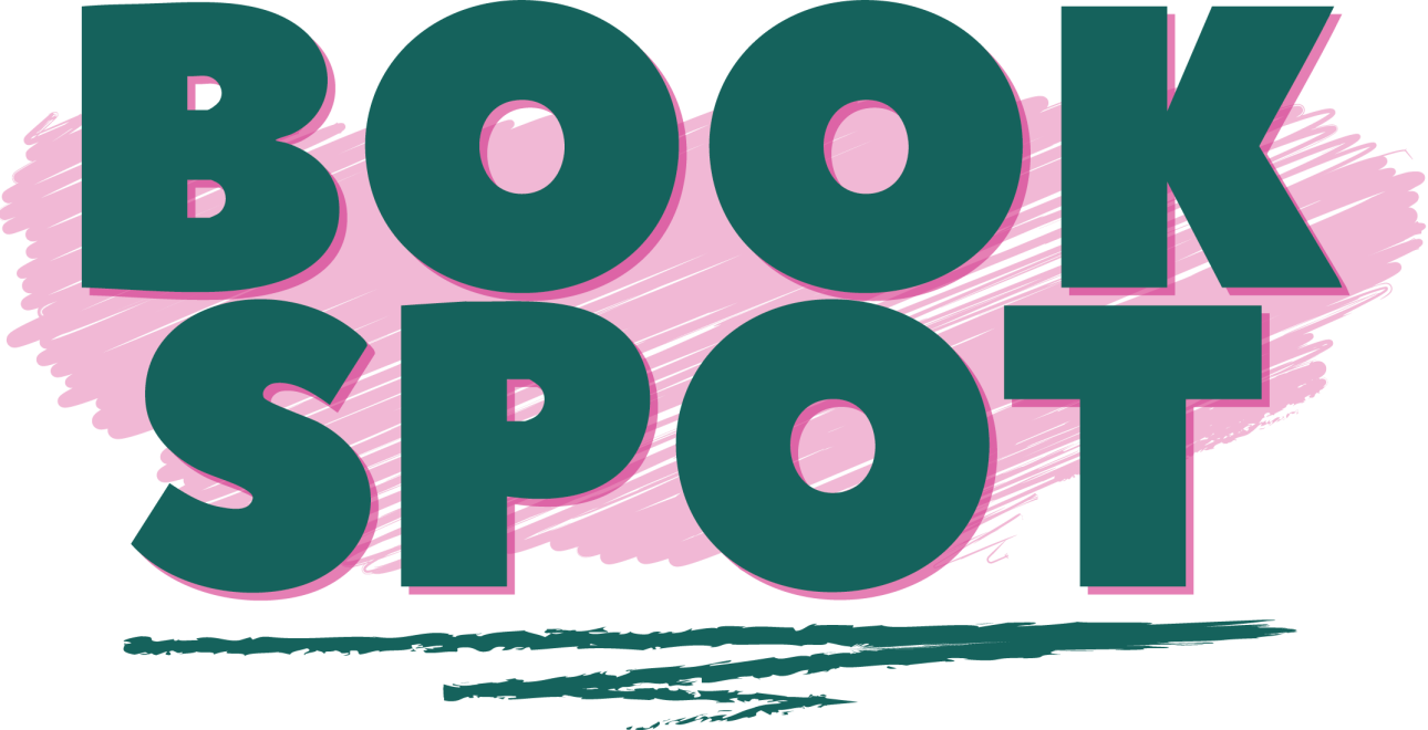 The Book Club Logo - blocky text with a green and pink colour scheme and scribbly background