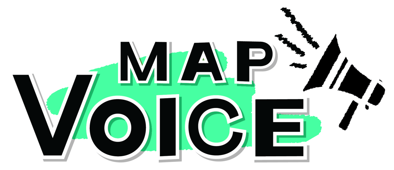 The MAP Voice logo, which is blue and red, with a face on the 'V', giving the impresseion of an open mouth