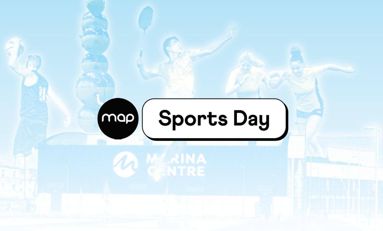 the sports day logo over a bluesky background with various sports players (badminton, basketball, football) layered over it
