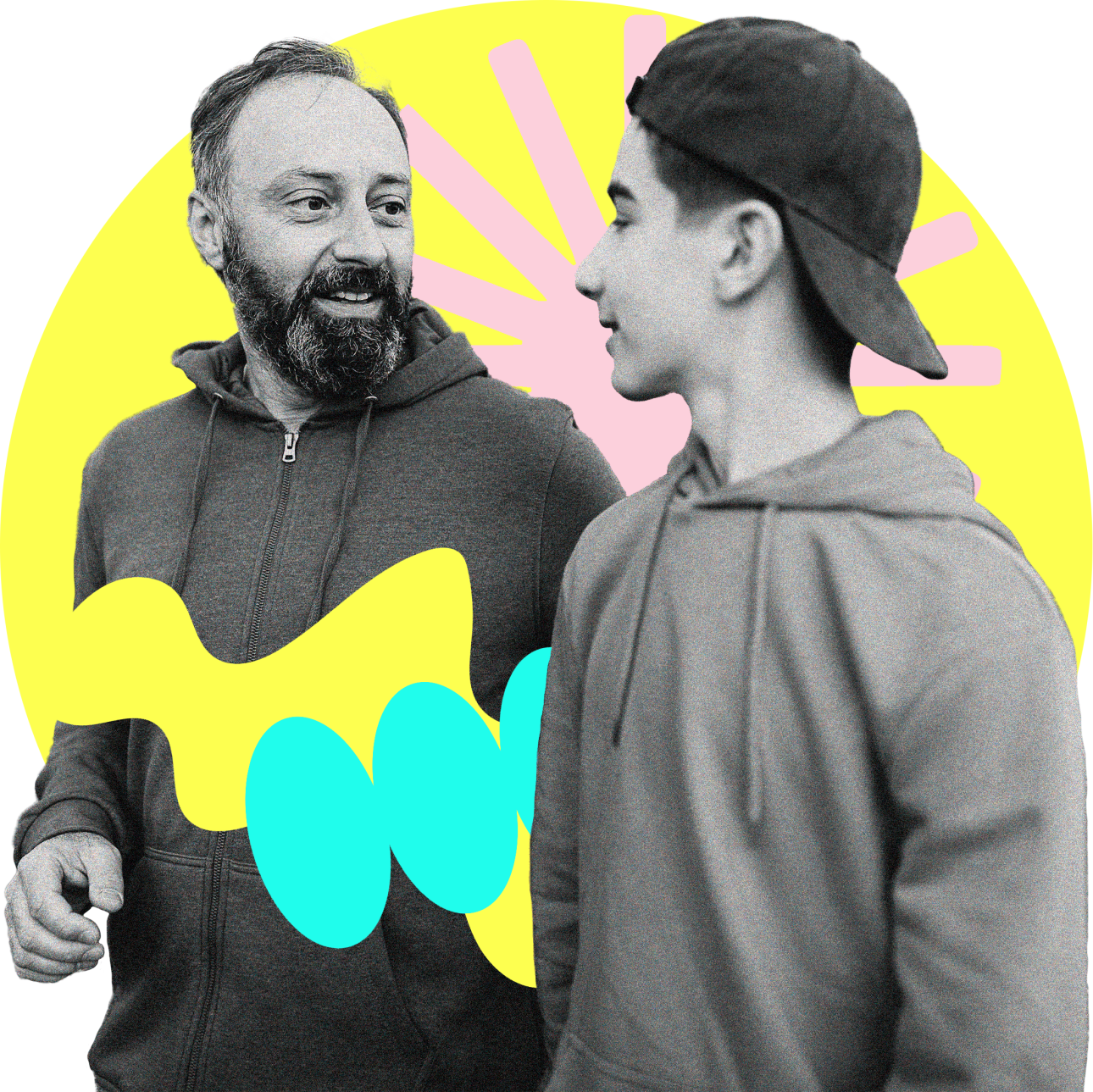 A boy and a man chatting informally as they walk, with some colourful shapes drawn around them