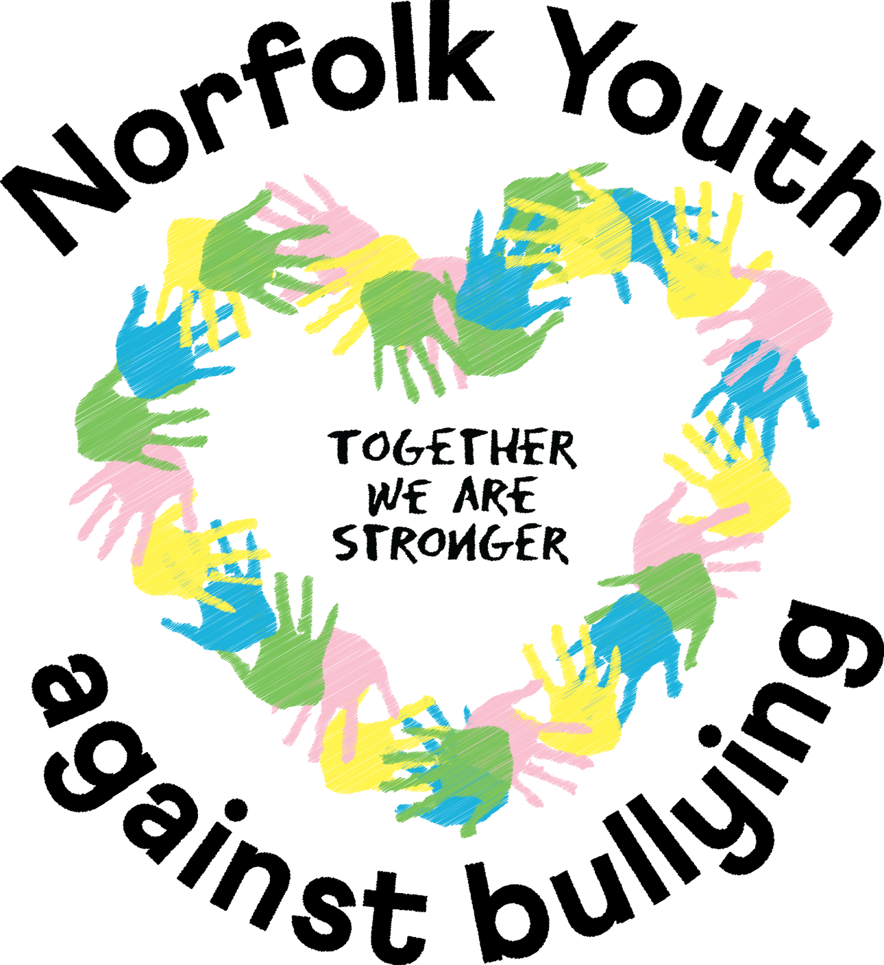 The Norfolk Youth Against Bullying Logo - lots of linked colourful hands forming a heart