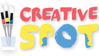 The Creative Spot Logo - made from colourful paint daubs with a pot of brushes on the side