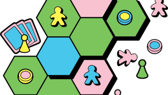 a cartoon of a hexagonal gameboard with cards and counters lying over it