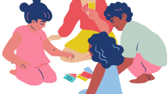 a cartoon of four young people in pastels paying card games on the floor