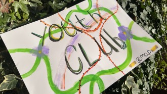 Young people's art reading 'youth club' decorated with painted flowers and vines