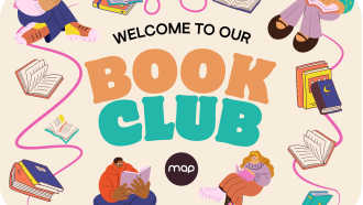 The Book Club Logo - lots of cartoony images of open books and different people (with chunky proportions) reading at repose