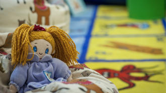 Rag doll siting against children themed cushion