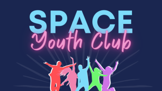 Plain text reads 'SPACE Youth Club' above silhouette of young people jumping in the air 