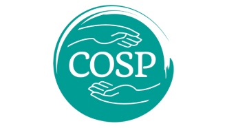 Circle of security logo in blue. It contains the initials 'COSP' with a hand either side