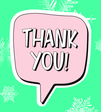 The words 'thank you' on a green snowflake background
