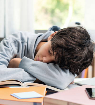 A young person asleep at their desk