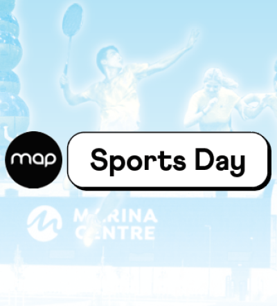 Sports Day logo - text against a bluesky background, with translucent graphics of basketball and football players layered over it.