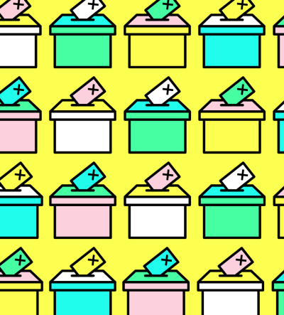 Lots of colourful ballot boxes on a bright yellow background