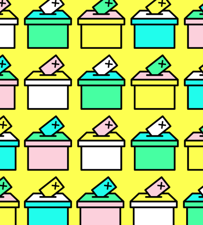 Lots of colourful ballot boxes on a bright yellow background