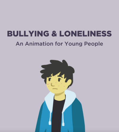 Illustration of a young person with text reading 'bullying and loneliness. An animation for young people'