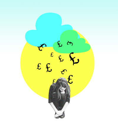 Icon of a young person looking down with £ symbols above their head
