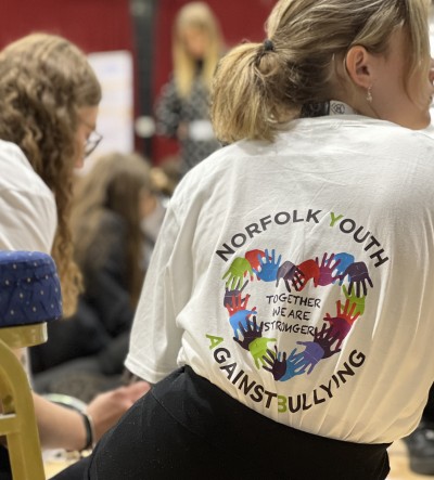 A young person with an NYAB branded t-shirt, seen from behind with the graphic prominently displayed