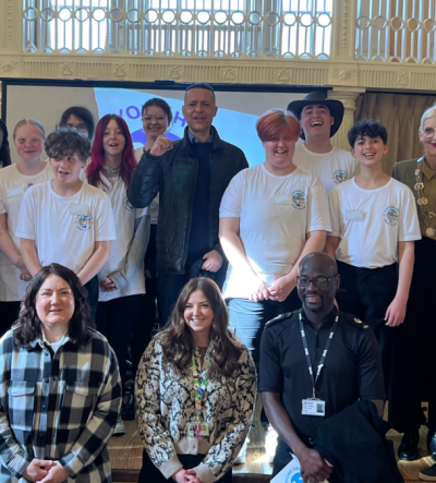 A group photo of young people from the Norwich campaign launch, alongside professionals, MPs, and the mayor