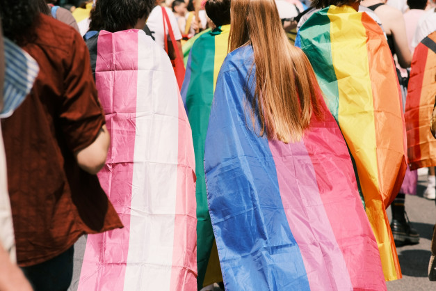 A group of young people seen from behind, all with rainbow flags as capes